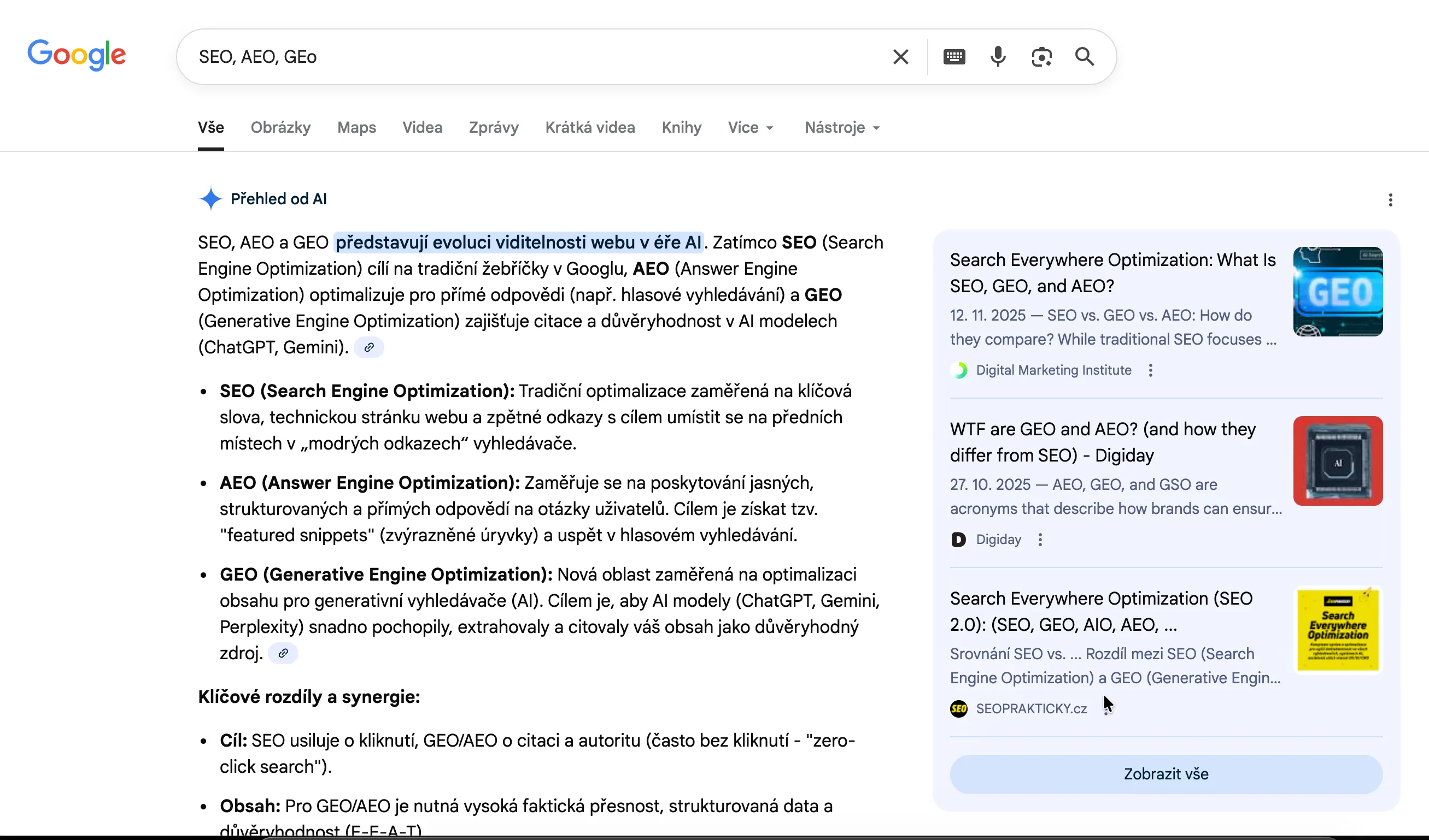 Obrázek vyhledávání významu slov v Google vyhledávačí a ukázka AI shrnutí